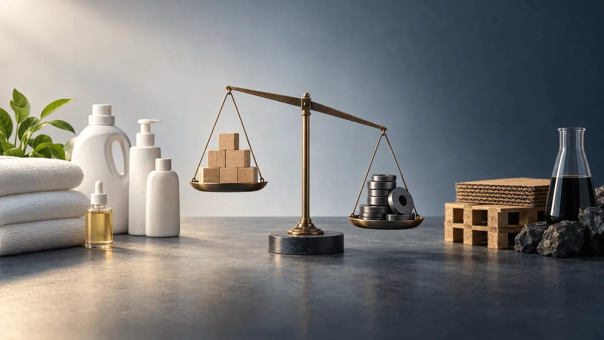 A symbolic still life showing clean household and wellness products balanced on a scale against raw materials and shipping blocks, representing sales growth offset by rising input costs.