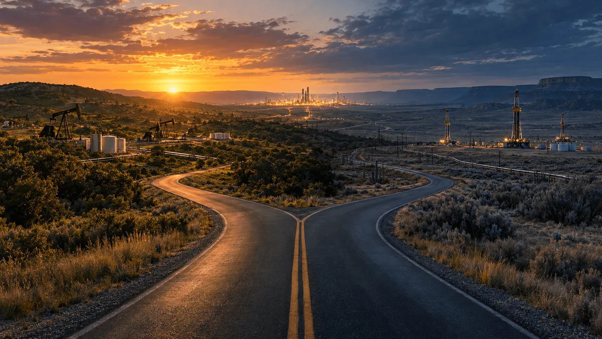 Aerial-style landscape showing two contrasting shale basins—a green hilly oil region and an open plains drilling region—divided by a forked road, with a distant glowing basin on the horizon symbolizing a portfolio shift.