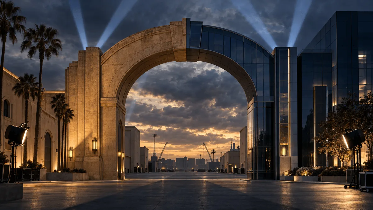 A grand studio gate formed from the fusion of a classic stone soundstage facade and a modern glass media tower, casting one unified shadow across an empty backlot at dusk, symbolizing two media giants merging into a single company.
