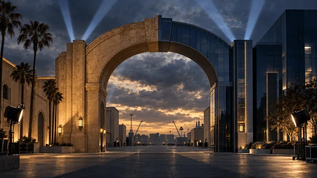 A grand studio gate formed from the fusion of a classic stone soundstage facade and a modern glass media tower, casting one unified shadow across an empty backlot at dusk, symbolizing two media giants merging into a single company.