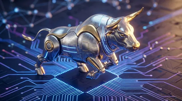 A powerful mechanical bull rendered in sleek metallic silver and gold, charging upward against a backdrop of glowing blue circuit board patterns and neural network nodes.