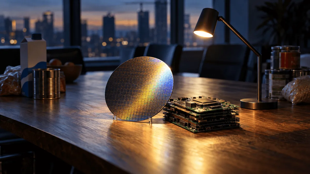 A sleek silicon wafer and a small stack of circuit boards sit gleaming under bright light at the center of a wooden boardroom table, while at the far edges a carton of milk and a bundle of canned goods sit in soft shadow, slightly out of fo