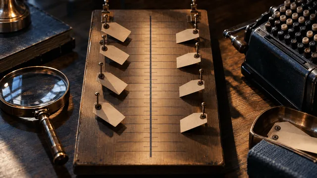 A close-up of a wooden restaurant-style table menu with two parallel columns of small printed price tags clipped along the left and right margins, each tag hanging at a different height above a ruled measuring board marked with evenly space