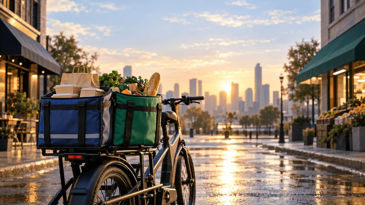 A cargo bike carrying both a restaurant delivery bag and a grocery delivery bag together, parked between a blurred grocery store and restaurant on an early-morning city street.