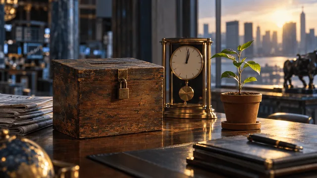 A weathered wooden ballot box sits on a polished trading-floor desk beside a tidy stack of newspapers, a brass pendulum clock showing the hour just past midnight, and a single sapling planted in a terracotta pot catching early morning light
