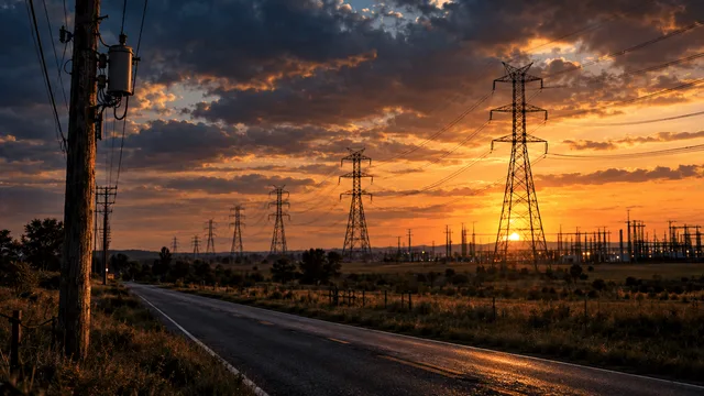 A row of electrical transmission towers stretches across a calm rural landscape at dusk, their steel lattice silhouettes framed against a soft amber sky, with power lines sagging gently between them toward a distant substation.