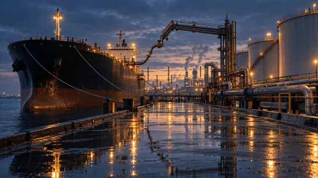 A large tanker ship moored at an industrial dockside terminal, connected by loading pipes to diesel storage tanks, with refinery stacks faintly visible in the hazy distance at dusk.