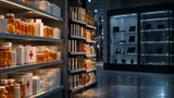 A pharmacy shelf stocked with neatly arranged amber pill bottles and white first-aid boxes sits bathed in cool, clinical light, while beside it a grocery aisle display of canned goods and bottled staples remains untouched and orderly.