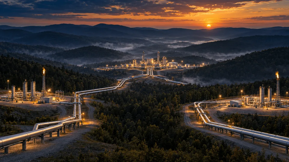 Aerial twilight view of two separate natural gas well and pipeline networks converging into one large unified compressor and processing complex across Appalachian hills.