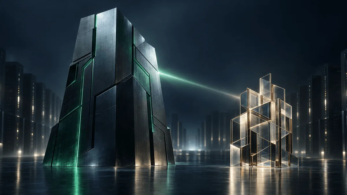 Two abstract sculptural structures—one large and monolithic, one smaller and lattice-like—face each other on a dark reflective floor, connected by a single beam of light that hasn't yet closed the gap between them, symbolizing an unresolved corporate negotiation.