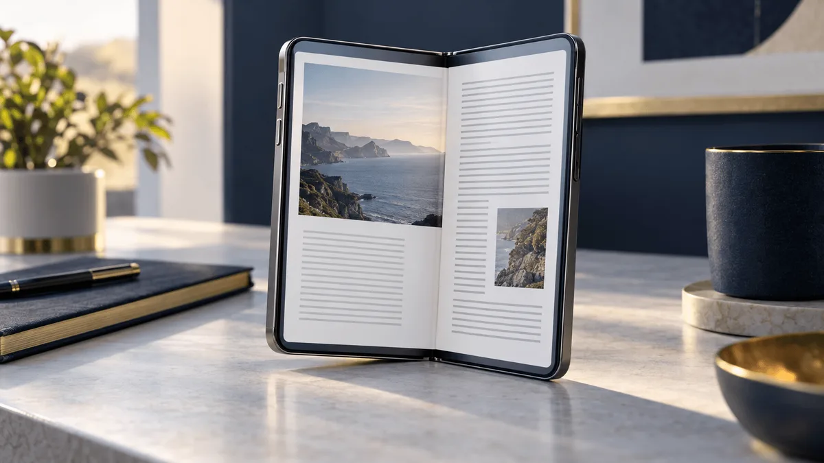 An open foldable smartphone rests on a desk in a reading position, showing a matte display and visible central hinge.