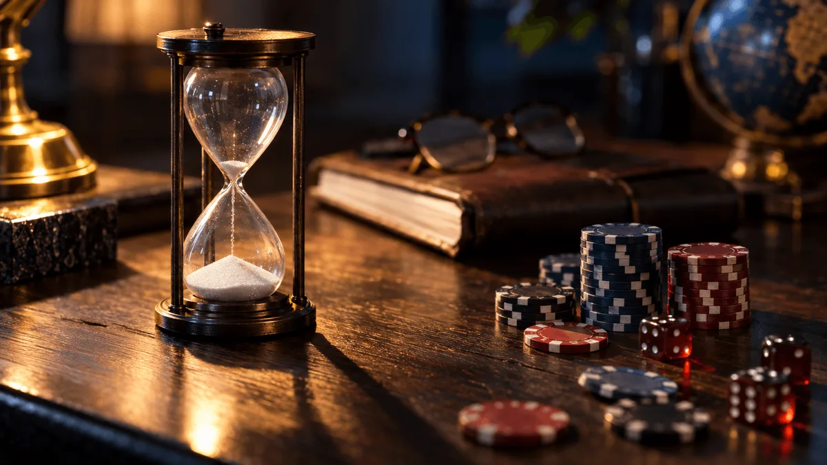 A close-up tabletop scene of an old-fashioned hourglass with fine white sand nearly run out, set beside a scattering of poker chips and a few scattered dice on a dark wooden desk.