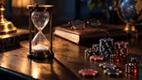 A close-up tabletop scene of an old-fashioned hourglass with fine white sand nearly run out, set beside a scattering of poker chips and a few scattered dice on a dark wooden desk.