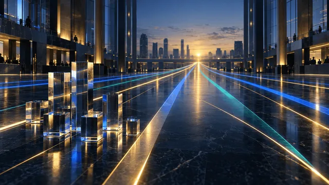 Abstract architectural scene of converging blue and gold light beams over a dark marble floor with stacked glass blocks, symbolizing financial network growth and a forward-looking outlook.