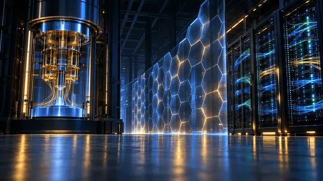 A wide cinematic view of a data center at night where a glowing quantum computing chamber on one side connects through a hexagonal, honeycomb-like barrier to a dense network of illuminated server racks and fiber cables on the other, symbolizing the merger of quantum technology and network security infrastructure.