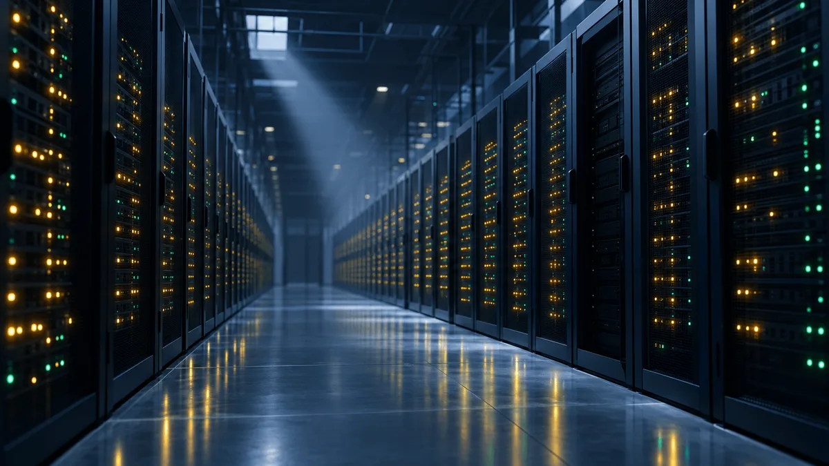 A long corridor of data center server racks with rows of status lights, one section dimmer than the rest, photographed in cool blue-grey tones.