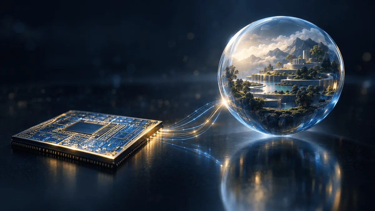 A conceptual studio image showing a silicon chip on one side connected by light to a glass sphere containing a small glowing 3D landscape on the other, symbolizing a chipmaker acquiring a spatial-AI research lab.