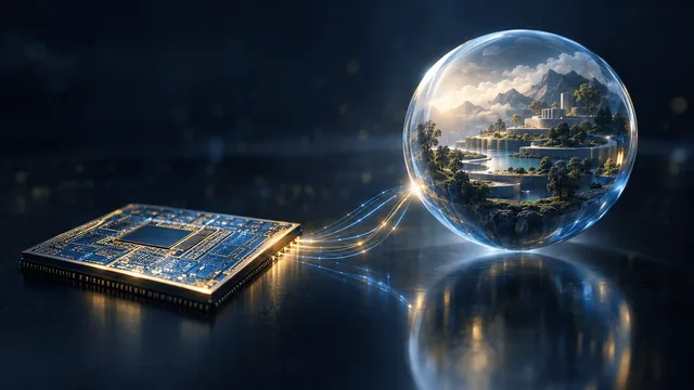 A conceptual studio image showing a silicon chip on one side connected by light to a glass sphere containing a small glowing 3D landscape on the other, symbolizing a chipmaker acquiring a spatial-AI research lab.