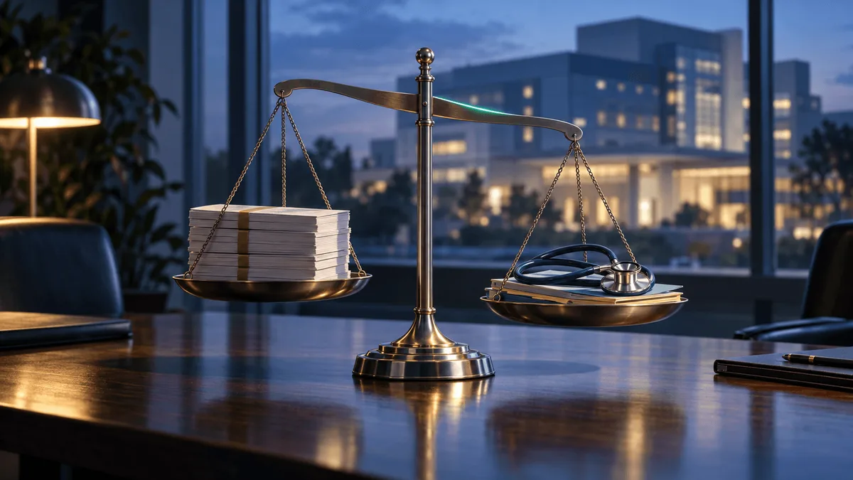 A balance scale on a boardroom table weighing ledger papers against a stethoscope and medical folders, with a hospital building softly visible through a window at dusk.