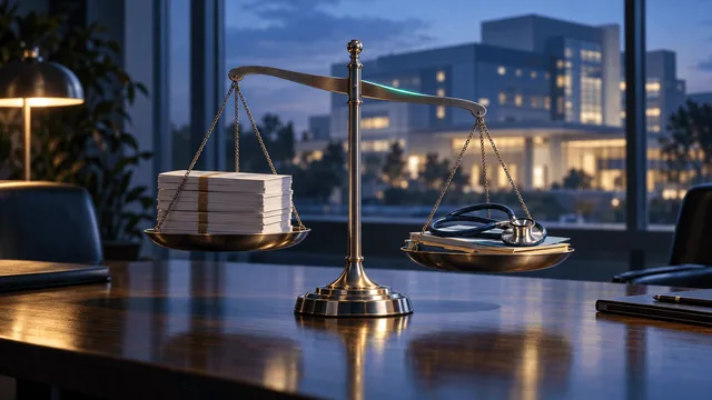 A balance scale on a boardroom table weighing ledger papers against a stethoscope and medical folders, with a hospital building softly visible through a window at dusk.