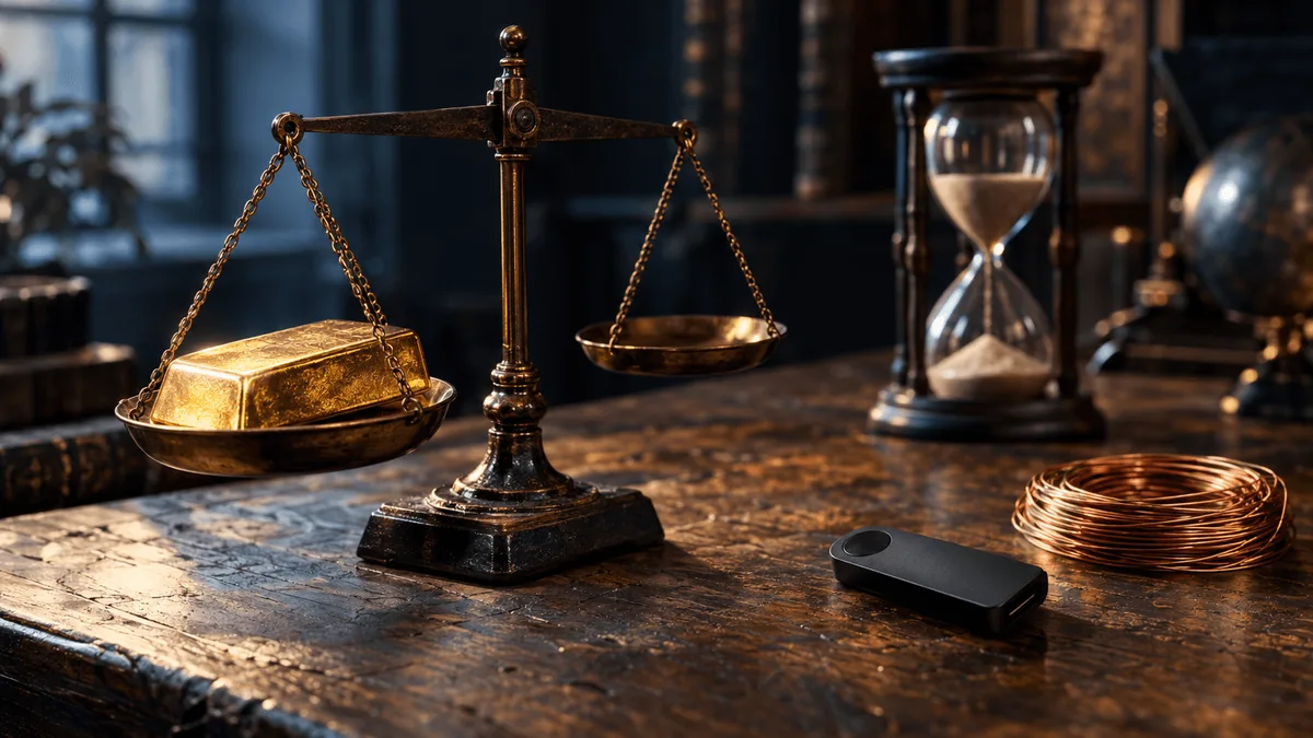 A weathered oak desk holds a single gleaming gold bar resting on a small antique balance scale, its brass pans catching soft window light, beside a smooth matte-black hardware wallet and a coil of thin copper wire symbolizing digital circui