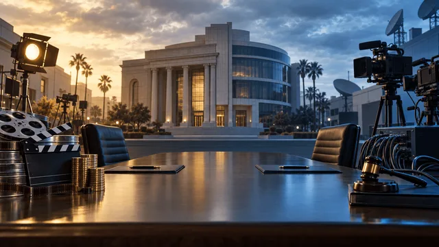 A symbolic negotiating table with film reels and coins on one side and TV cameras and a gavel on the other, in front of two merging studio building silhouettes under moody split lighting.