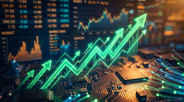 A dynamic upward-trending stock chart with glowing green arrows surging higher dominates the frame, set against a dark financial dashboard backdrop filled with blurred market data and ticker numbers.