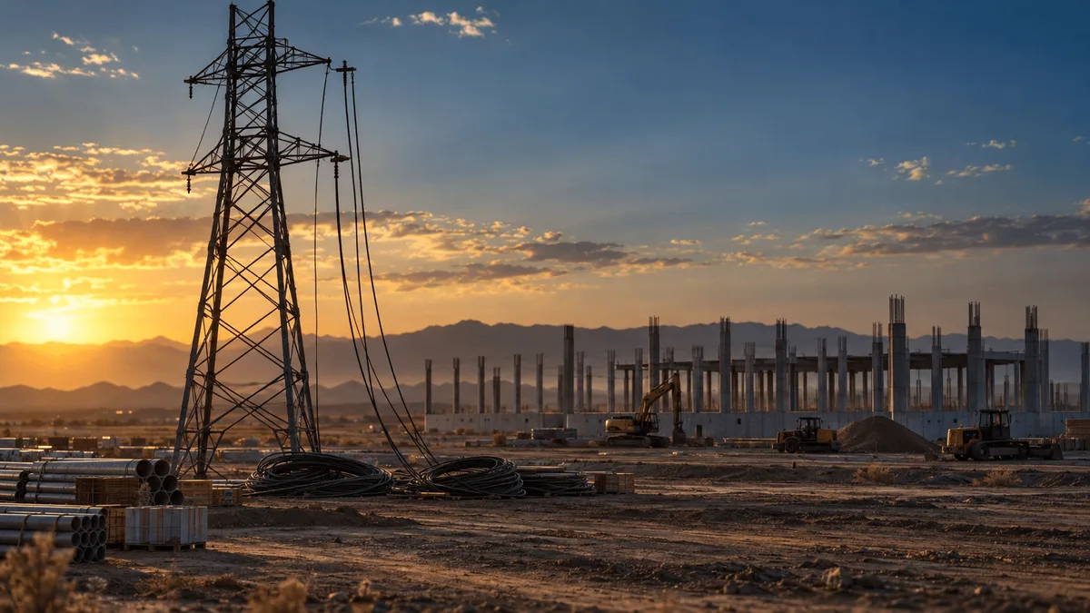 A single steel high-voltage transmission tower stands unfinished in a flat desert landscape, its cables slack and disconnected, coiled on the ground beside stacks of unused conduit pipe.