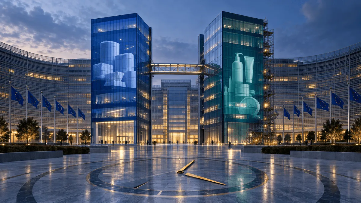 Two separate corporate towers linked by a partially built bridge of light, standing before a European Commission-style government building at dusk, symbolizing a pending EU merger review.