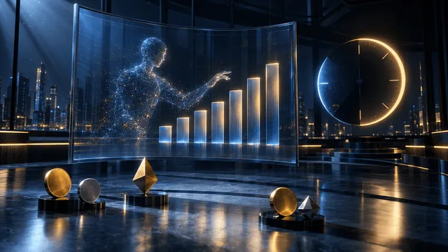 Abstract night scene of a glowing humanoid AI silhouette interacting with tiered light pillars and a half-lit clock-like ring, symbolizing automated trading, leveraged tiers, and continuous market access.