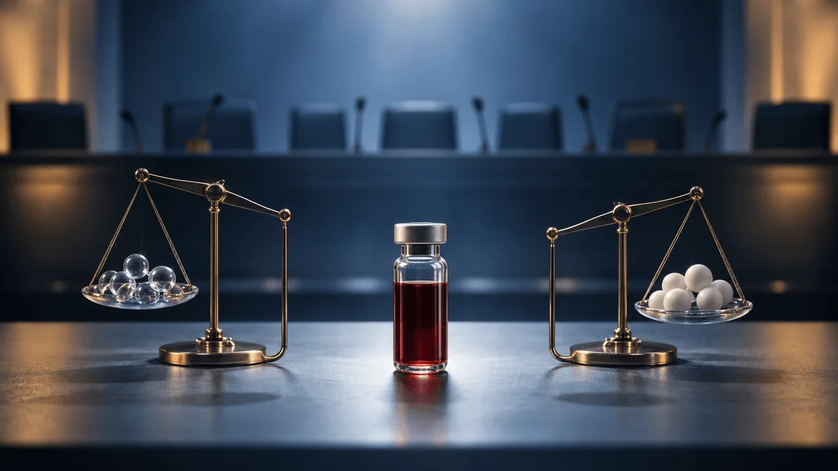 A single vial of blood centered between two tilted glass balance scales holding clear and white spheres, set before the blurred silhouette of an empty advisory panel dais, symbolizing an unresolved evaluation of a medical blood test.