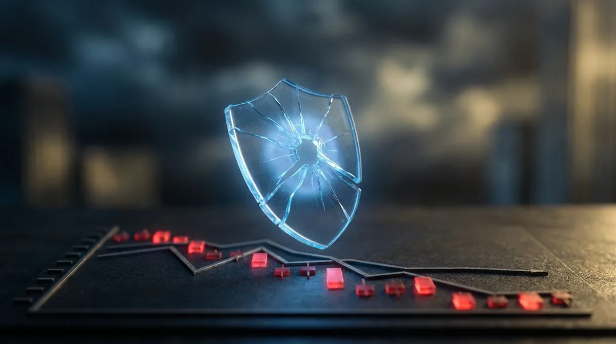 A cracked or shattered glass shield hovering protectively over a downward-trending stock market graph, with scattered red candlestick chart elements falling around it. The shield glows with a faint blue protective aura, symbolizing investors scrambling to buy crash protection at a potential market top. The background fades from a stormy, dark financial chart atmosphere into deeper shadows, reinforcing the tension between broad market fear and underlying uncertainty.