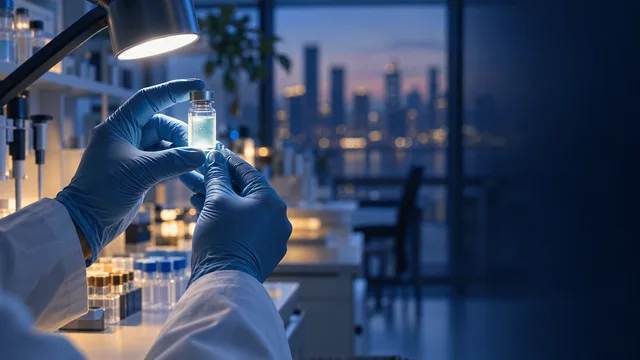 A researcher's gloved hands hold a glowing vial under lab lighting, with a blurred laboratory and city skyline in the background, symbolizing early-stage biotech research.