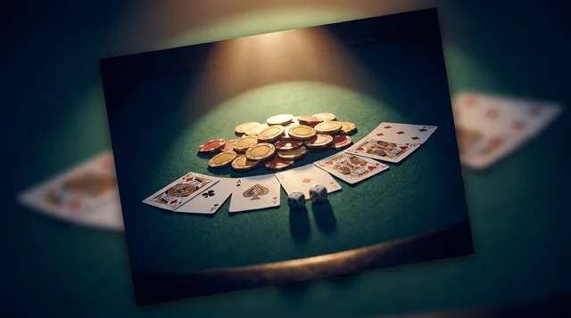 A dramatic, moody shot of a casino dealer's table from above, showing playing cards, chips, and dice arranged on green felt, with a single spotlight illuminating the scene from above. The image emphasizes the "house edge" concept with a slight tilt or perspective angle that suggests an inherent advantage, using rich greens, golds, and deep shadows to convey both risk and calculated confidence. The overall composition should feel sophisticated and strategic rather than flashy, visually communicat