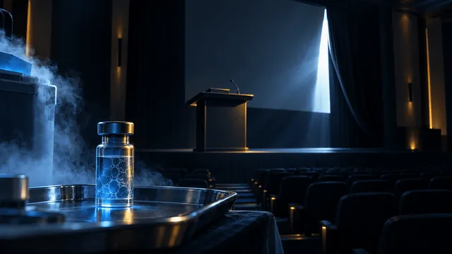 A dark conference stage with a podium and a partially uncovered presentation screen leaking light early, beside a glowing vaccine vial on a lab tray in the foreground, symbolizing data revealed ahead of its scheduled unveiling.