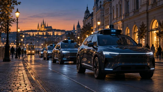 A row of unbranded sensor-equipped electric SUVs parked along a European city street at dusk, evoking a planned autonomous vehicle fleet.