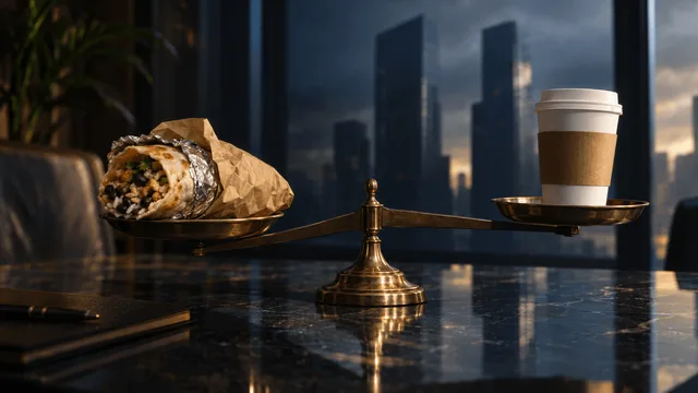 A balance scale on a dark surface holding a burrito wrapper on one side and a coffee cup on the other, tipped unevenly, with faint reflections of skyscrapers in the background, symbolizing a failed corporate takeover.