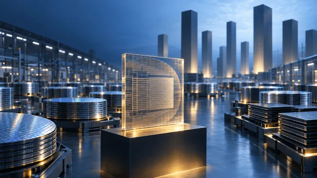 A cleanroom fabrication hall with stacked semiconductor wafers on a dark floor, and a single illuminated glass slab etched with wafer-layer patterns displayed on a pedestal, surrounded by blurred pillar silhouettes suggesting an evaluation process.