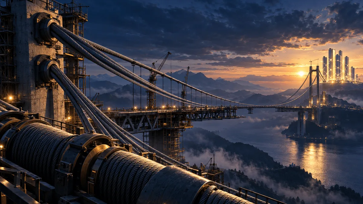 A grand unfinished suspension bridge at dusk, with thick tensioned steel cables of varying lengths stretching from an industrial anchor tower toward a glowing, futuristic structure in the distance, symbolizing large-scale financing still under construction.