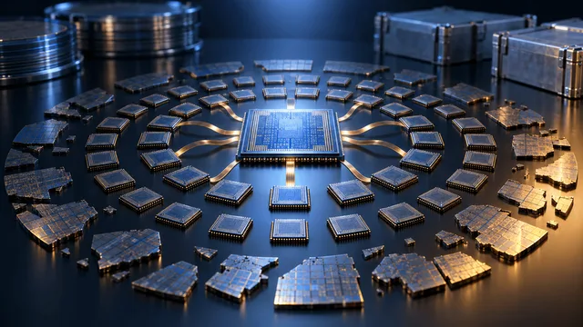 A large silicon chip die at the center of concentric rings of smaller chips and interconnect ribbons, with some outer chips left as unfinished wafer fragments, symbolizing accelerated chip development limited by production capacity.
