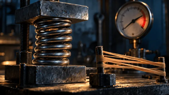 A tightly coiled steel spring, wound past its comfortable limit and clamped between two blocks on a workbench, sits beside a small stack of rubber bands stretched to their breaking point.