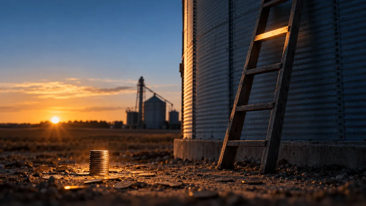 A single wooden ladder leans against a tall grain silo under a clear sky, with one rung glowing in late golden-hour light while the rest remain in shadow.