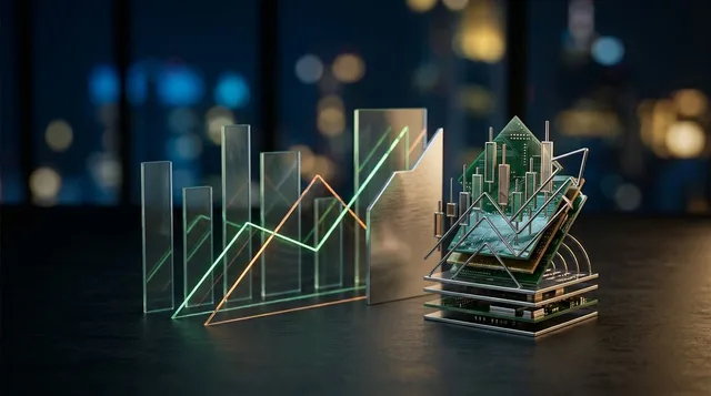 A dynamic split-screen composition showing a trader intently watching multiple glowing stock charts and candlestick patterns on monitors, with bold upward momentum arrows and price spikes illuminated in green against a dark background.
