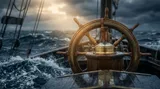 A stormy, turbulent ocean with a lone trader at a ship's helm, gripping the wheel steadily as dark waves crash around them. The contrast between the chaos of the sea and the calm, focused posture of the trader visually captures the article's core message of maintaining discipline in a volatile market. Dramatic lighting breaks through the storm clouds, suggesting that clarity and opportunity exist even in difficult conditions.