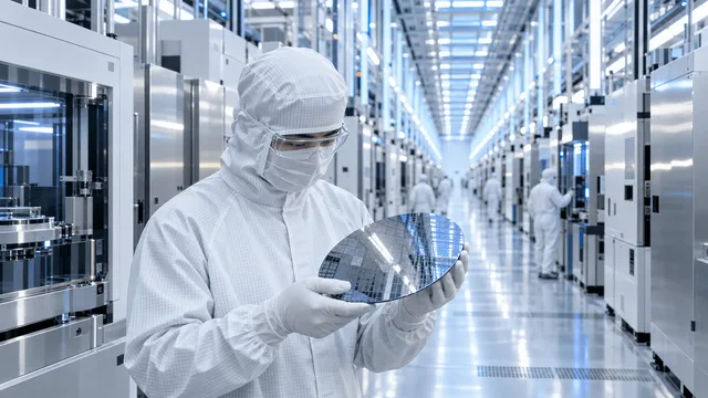 A cleanroom technician in a full protective suit holds a reflective silicon wafer within a vast, softly lit semiconductor fabrication facility lined with precision manufacturing equipment.