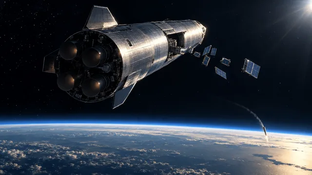 A large stainless-steel Starship spacecraft in orbit above Earth's curved horizon, releasing a cluster of small satellites with unfolding solar panels, while a faint engine plume from the separated booster is visible descending toward the ocean far below.