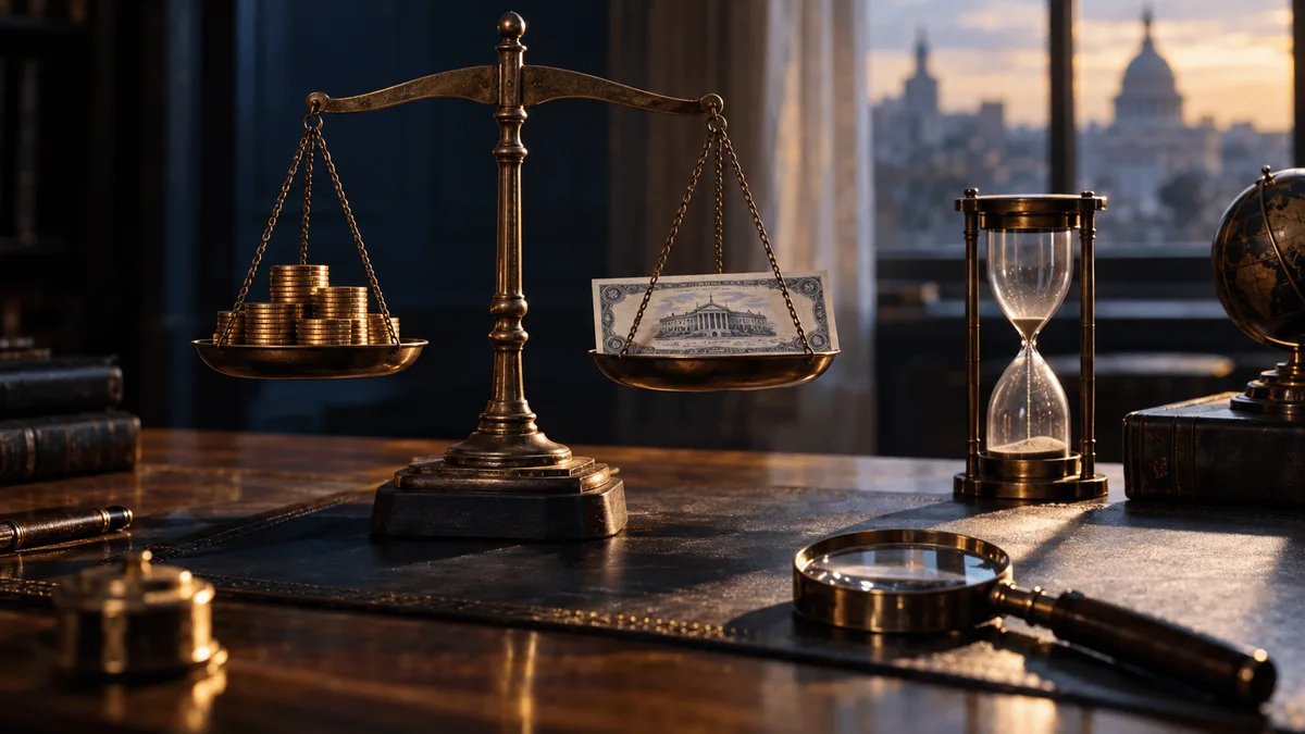 A weathered brass balance scale sits on a dark wooden desk, one pan holding a stack of gold coins and the other holding a single crisp government bond certificate, perfectly level.