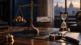 A weathered brass balance scale sits on a dark wooden desk, one pan holding a stack of gold coins and the other holding a single crisp government bond certificate, perfectly level.