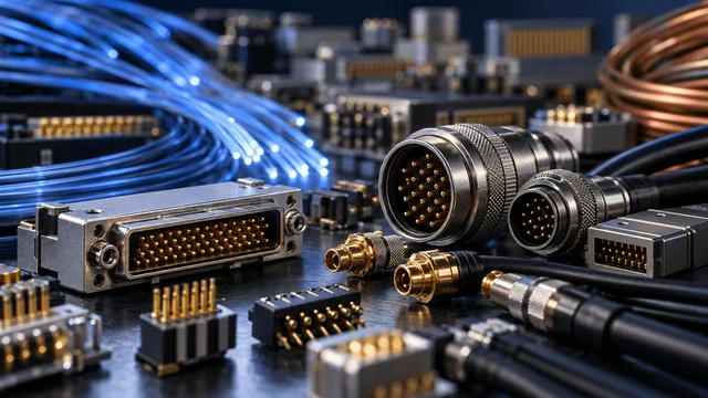 Close-up studio photograph of gold and metal electronic connectors and coiled cabling, with glowing blue fiber-optic strands woven among them, evoking precision interconnect manufacturing.