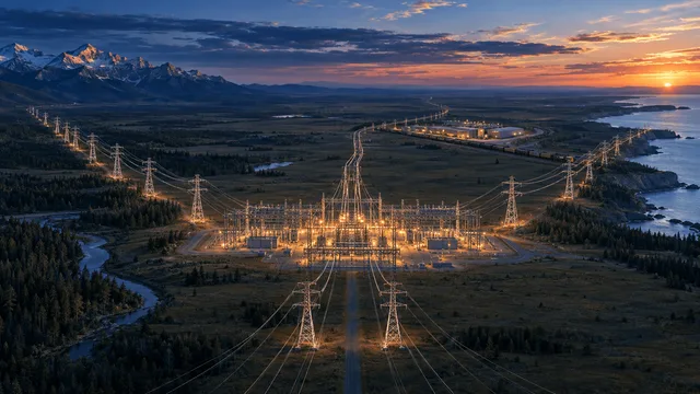 Aerial dusk view of two transmission-line corridors from different regions merging at a large substation, with one line branching off toward a distant industrial site, symbolizing a utility merger and spinoff.